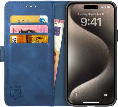 Rosso Element Book Case Wallet Hoesje Geschikt voor Apple iPhone 15 Pro Max | Portemonnee | 3 Pasjes | Magneetsluiting | Stand Functie | Blauw