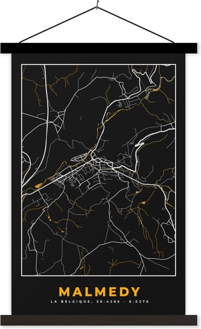 Posterhanger incl. Poster 40x60 cm - Schoolplaat - Malmedy - Goud - Plattegrond - Kaart - Stadskaart - Textielposter - Zwarte latten - Stadskaart