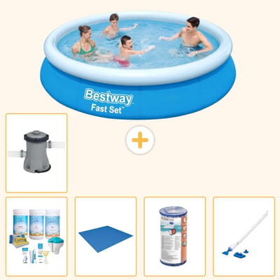 Bestway Rond Opblaasbaar Fast Set Zwembad - 366 x 76 cm - Blauw - Inclusief Onderhoudspakket - Grondzeil - Filter - Stofzuiger - Zwembadfilterpomp - 6-delig