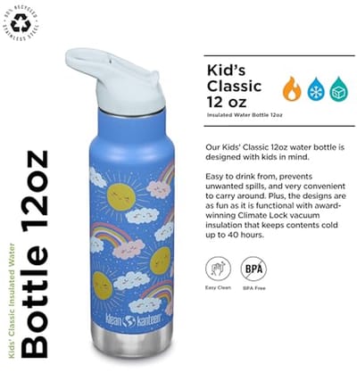 Geïsoleerde kinderfles met flip sportdop en rietje - 355 ml, lichtblauw/regenboog
