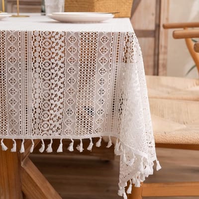 Katoenen Tafelkleed - Elegant Tafelkleed - Feestelijke Decoratie - Lace Bloem Detail - 150x200cm - Beige