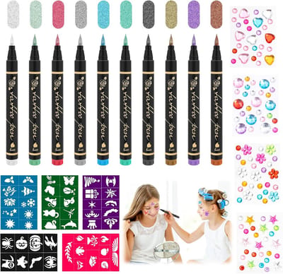 Set Tijdelijke Tattoos voor Kinderen: 10 Huidvriendelijke Glitter Markers en 50 Sjabloonstickers