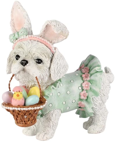 Dekoratief | Hondje staand m/mandje, wit/blauw, resina, 15x7x15cm | A260579