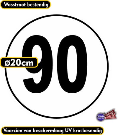 Jerma - Snelheid - 90 km/h - Sticker - Ø 20 cm - Zwart-Wit - Zelfklevend - Vinyl - Weerbestendig
