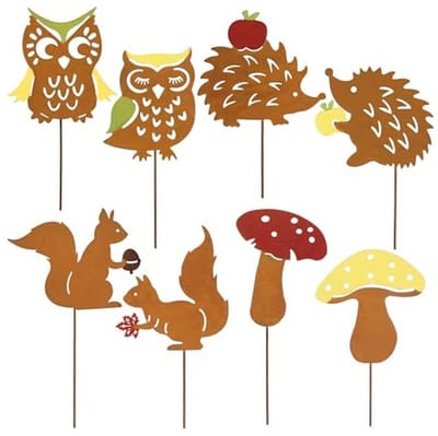 Tuinstekers voor herfstdecoratie, 25 cm, kleurrijk, roestlook, met egel, uil, paddenstoel, metalen decoratie voor binnen en buiten