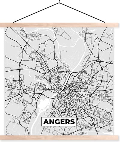 Posterhanger incl. Poster 40x40 cm - Schoolplaat - Frankrijk - Plattegrond - Kaart - Angers - Stadskaart - Textielposter - Blanke latten - Stadskaart