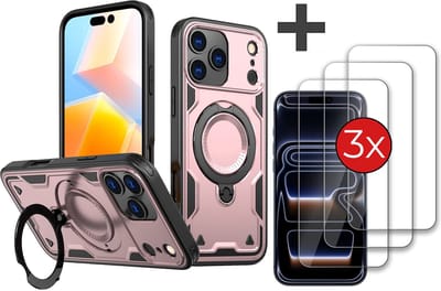 Hoesje Geschikt voor iPhone 17 Pro met 3 Stuks gehard glas Screenprotector - Armor hoes met Ringhouder - Arara backcover - Rosegoud
