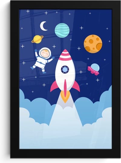 Poster in lijst - Fotolijst 20x30 cm - Posters - Raket - Ruimte - Astronaut - Blauw - Jongens - Posterlijst zwart - Kamer decoratie - Wanddecoratie kinderkamer - Muurdecoratie babykamer
