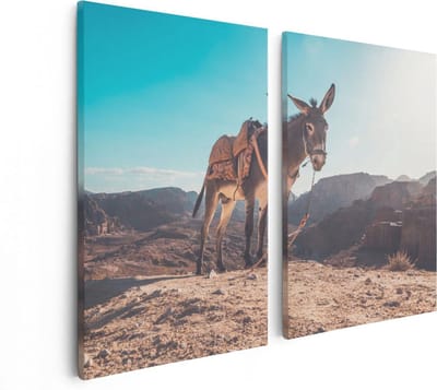 Artaza Canvas Schilderij Tweeluik Ezel In De Woestijn Met Helder Blauw Lucht - 80x60 - Foto Op Canvas - Canvas Print