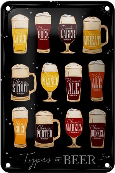 Blechschild Spruch 12x18cm Types of Beer Bier Sorten schwarz