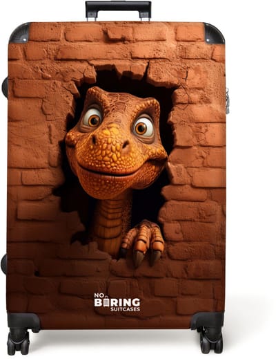 NoBoringSuitcases.com® - Kinderkoffer - Kindertrolley jongen en meisje - Dino met brede lach in bakstenen muur - Koffer kind groot - Rolkoffer met 4 wielen - Grote trolley XL - 98 liter bagage