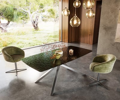 Eetkamertafel Edge Boot Glas smelten rokerig zwart 3D-Relief 200x100 kruisframe rechthoek RVS