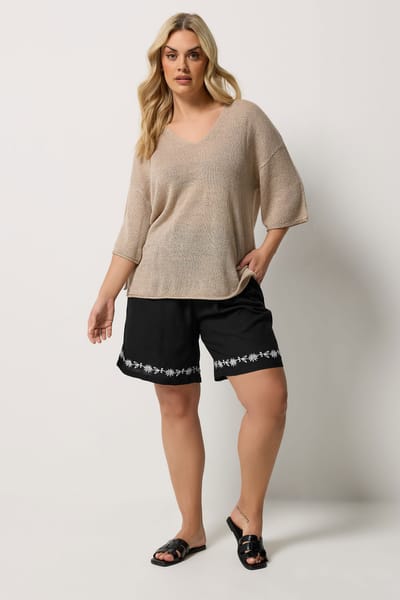 Yours Zwarte Shorts Met Geborduurde Bloemen Aan De Zoom Size 48