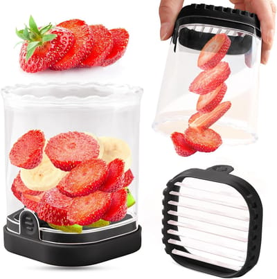 Peysaitr – Fruitsnijder - Multifunctionele Keukenhulp Voor Aardbei, Banaan, Druif & Ei - Afneembare Mesjes - Obstsnijder Met Drukplaat - Creatieve Keukentool - Zwart