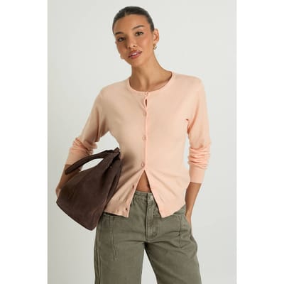 boohoo Dames Super Zachte Lichtgewicht Gebreide Crew Neck Cardigan | Peach | Maat: Small
