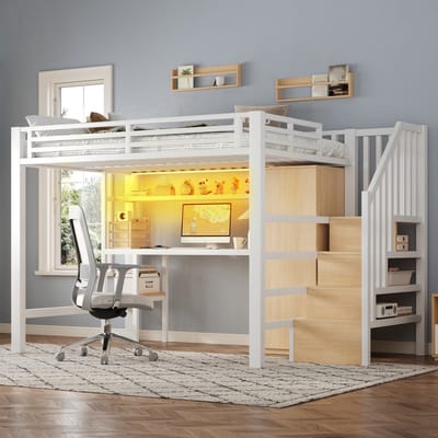 Wishdor – Hoogslaper met bureau, kast en opbergtrap – 140 x 200 cm – Metaal en MDF – Wit – Inclusief LED-verlichting en kledingroede – 150 kg draagvermogen