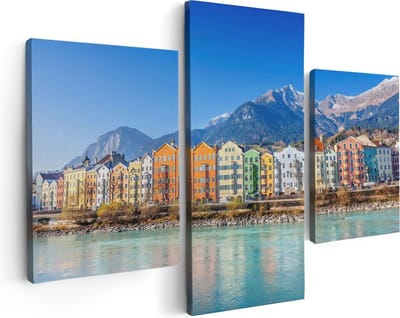 Artaza Canvas Schilderij Drieluik Gekleurde Huisjes in Innsbruck, Oostenrijk - 90x60 - Foto Op Canvas - Canvas Print