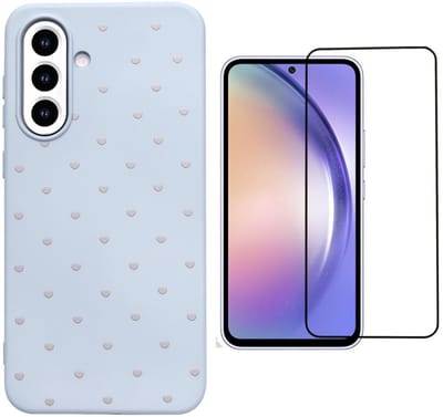 Hoesje en Glas Geschikt voor Samsung Galaxy A26 - Blauw - Casemania Stevige Siliconen Back Cover met Hartjes Print - 1x Glazen Screenprotector