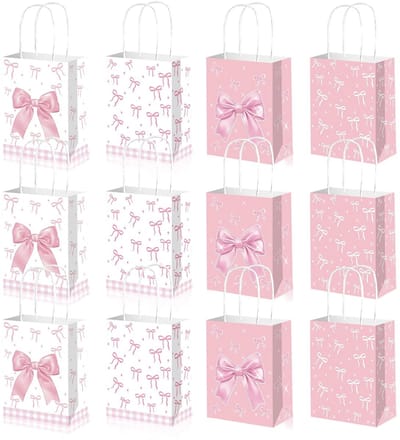 Dailygoods- Cadeauzakjes 12 stuks met roze strik - Papieren zakjes - 21 x 16 x 8 cm - Geschenktas - Verpakking voor feesten - Duurzaam materiaal - Geschenkzakjes