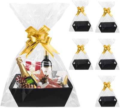 Dailygoods- Geschenkmanden Set van 6 - Kartonnen Manden - Handgrepen - Transparante Geschenkzakjes - Draagvermogen - Perfect voor Feesten - Hamper