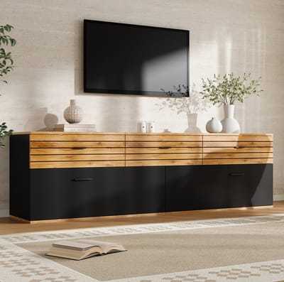 HAUSS SPOLE Dressoir - Tv Meubel Met 2 Klepdeuren En 3 Lades - Voor Woonkamer Slaapkamer Of Eetkamer - MDF En Spaanplaat - 168x38x59 Cm - Naturel Zwart