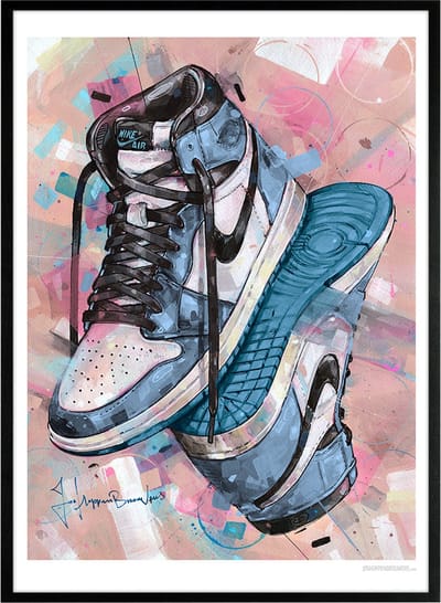 Sneaker print upside down university blue 51x71 cm *ingelijst & gesigneerd