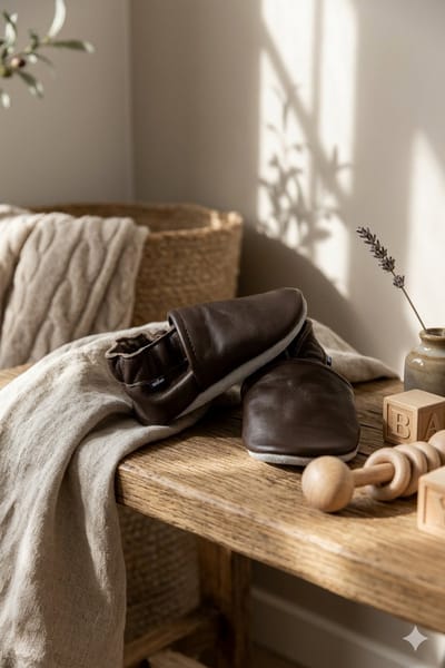 Stabifoot Babyslofjes – Zacht Leer – Cadeaudoos - Linnen zakje - Barefoot - BROWN 12 - 18