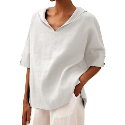 Haut à capuche T-shirt en coton et lin pour femme, couleur unie, coupe confortable 3XL blanc