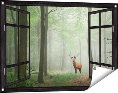 Gards Tuinposter Doorkijk Hert in Bos - 90x60 cm - Tuindoek - Tuindecoratie - Wanddecoratie buiten - Tuinschilderij