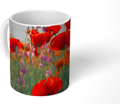 Mok - Koffiemok - Klaproos - Bloemen - Rood - Paars - Weide - Mokken - 350 ML - Beker - Koffiemokken - Theemok