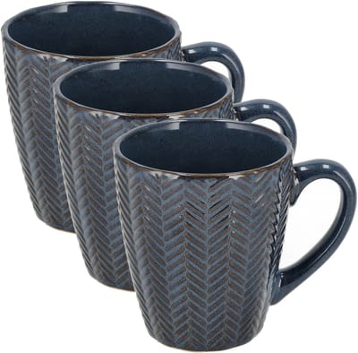 Koffiekopjes Set van 3 – Donkerblauwe Mokken 200ml met Oor – Keramische en Aardewerk Koffiemokken – Theemokken en Cappuccino Kopjes – Visgraat Reliëf Design