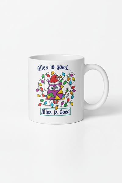 Alles Is Goed Uil Kerstmok 330ml – Witte Keramische Koffiemok met Feestelijke Lichtjes Design – Grappig Nederlands Feestdagen Cadeau