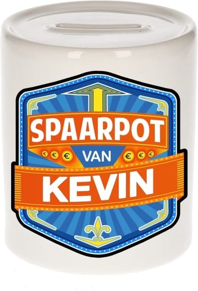 Bellatio Decorations Kinder spaarpot met naam - Kevin - keramiek - met dop - wit - Sparen - Spaargeld van Kevin