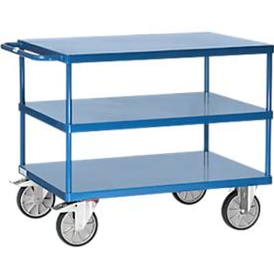 Fetra 2422B tafelwagen, tot 600 kg, 3 etages met plateaus, laadvlak L 1000 x B 700 mm, TPE-banden, duwbeugel, staal, glanzend blauw