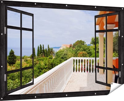 Gards Tuinposter Doorkijk Terras in Toscane - 180x120 cm - Tuindoek - Tuindecoratie - Wanddecoratie buiten - Tuinschilderij