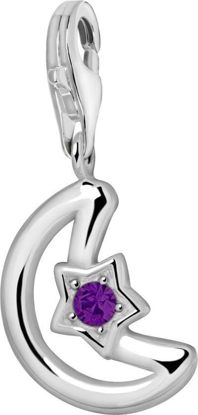Quiges – 925 - Zilver – Charm - Bedel - Hanger - Maan en Ster met Paarse Zirkonia - met – sterling - zilver - karabijnslot - geschikt - voor - Bedelarmband HC244
