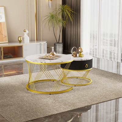 Salontafelset 2-delig - Marmerlook en Goudaccenten - Laden en Nestbaar Ontwerp - MDF - Wit Goud