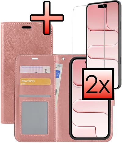 Hoesje - Met 2x Screenprotector - Geschikt voor Apple iPhone Air - Luxe Pasjeshouder - Bookcase Portemonee - Flip Case - Kunstleer Book Case - Flipcase Hoes - Book Cover - Walletcase - Portemonneehoes - Rosé goud