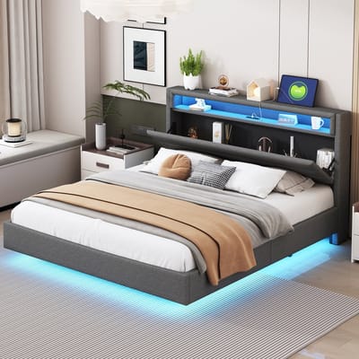 Sweiko Tweepersoonsbed - 160x200 cm - USB-poort - LED-verlichting - Linnen - Zwevend bed - Grijs