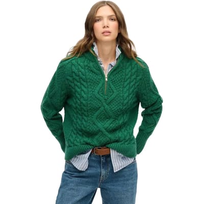 Superdry - Gebreide Aran-kabeltrui met halve rits - Dames - Sweaters