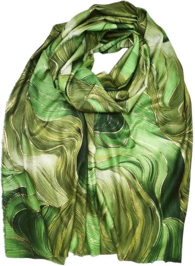 Lange dames sjaal Harriet fantasiemotief groen goud zwart olijf groen blad groen licht smaragd donker evergreen