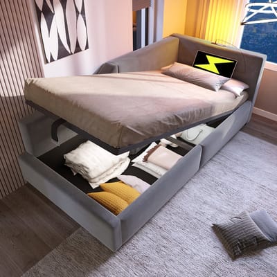 REDOM Bedbank – 90x200 cm – Met hydraulische opbergruimte, leeslamp & USB-C – Fluweel – Grijs