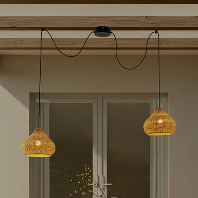 Lucande - Hanglampen buiten - 2lichts - rotan, ijzer - H: 24 cm - E27 - beige, zwart
