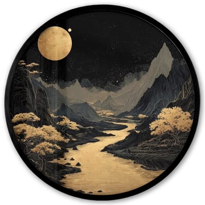 Poster in lijst Rond - Fotolijst 40x40 cm - Posters - Gouden rivier - Bergen - Maan - Sterrenhemel - Ronde posterlijst zwart - Decoratie - Wanddecoratie woonkamer - Muurdecoratie slaapkamer