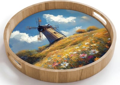 Dienblad rond 40x40 cm - Schootdienblad hout - Windmolen - Heuvel - Bloemen - Kleurrijk - Borrelplank rechthoek - Plateau houten dienbladen