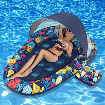 Opblaasbare hangmat - Watermatras zwembad - Ontspannen in water - Met afneembaar zonnedak - Tot 113 kg - Donkerblauw fruit