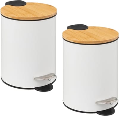 Pedaalemmerset - Set van 2 - Prullenbak met Bamboe Deksel - Soft Close Afvalbak - Compacte Badkamer Vuilnisbak - Metalen Pedaalemmer - 3L - 22.5 x 17 x 23 cm - Wit