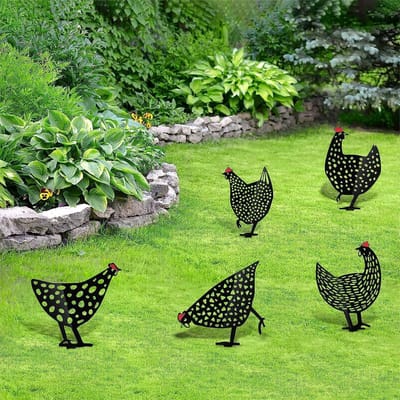 Decoratieve Kip Silhouet Dierenfiguren voor Tuin - Buitenornament - Geschikt voor Pastorale Gazon Tuindecoratie - Zwart Ijzeren Metaal - Set van 5