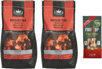 BBQ starterspakket - houtskool briketten 6 kilo - barbecue aanmaak houtwolkrullen 25x