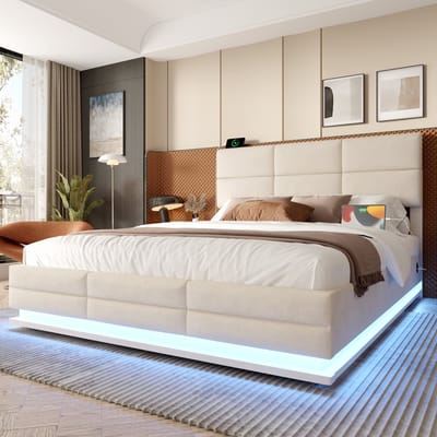 DESMIU Gestoffeerd Bed 160x200 cm - Verstelbaar Hoofdbord met Ledverlichting en USB-Aansluitingen - Hydraulische Opbergruimte - Slaapkamer - Fluweel - Beige - Zonder Matras